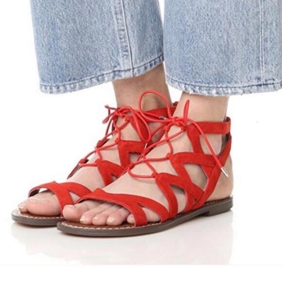 Sam Edelman GEMMA Sandal Caged Red Suede Gladiator Strappy Flat Open 8 - Picture 1 of 6